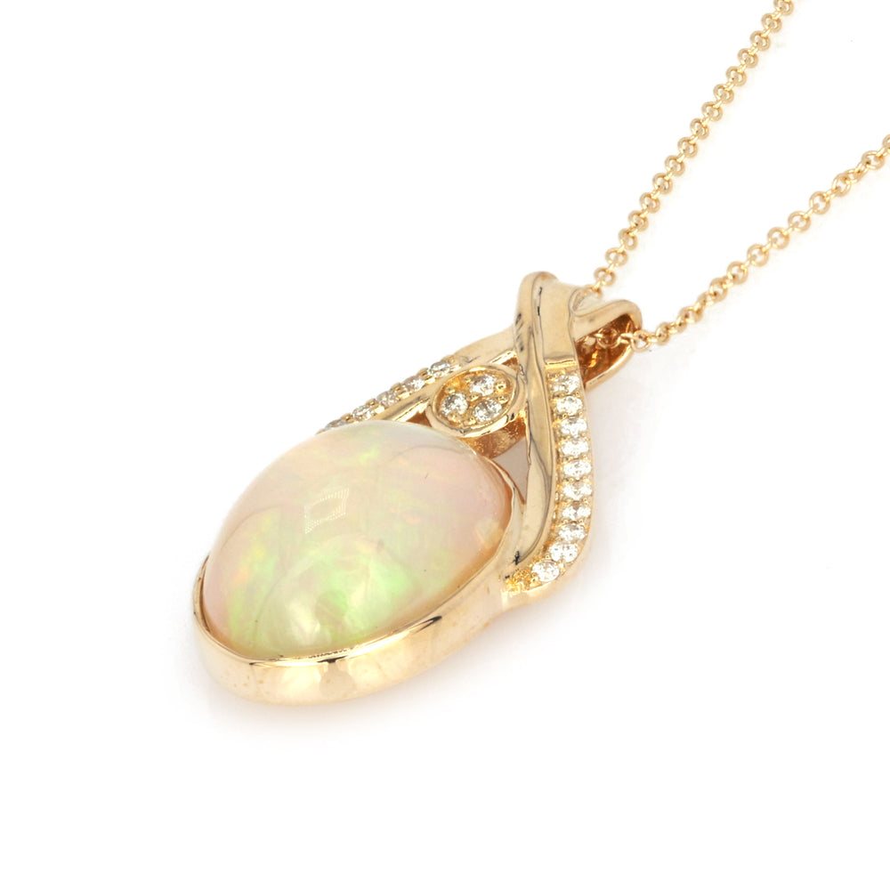 3.73 Cts White Opal and White Diamond Pendant in 14K Yellow Gold
