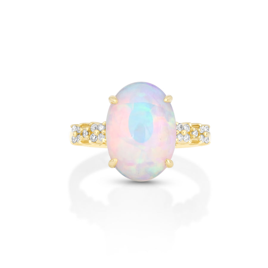3.42 Cts Opal and White Diamond Ring in 14K Yellow Gold