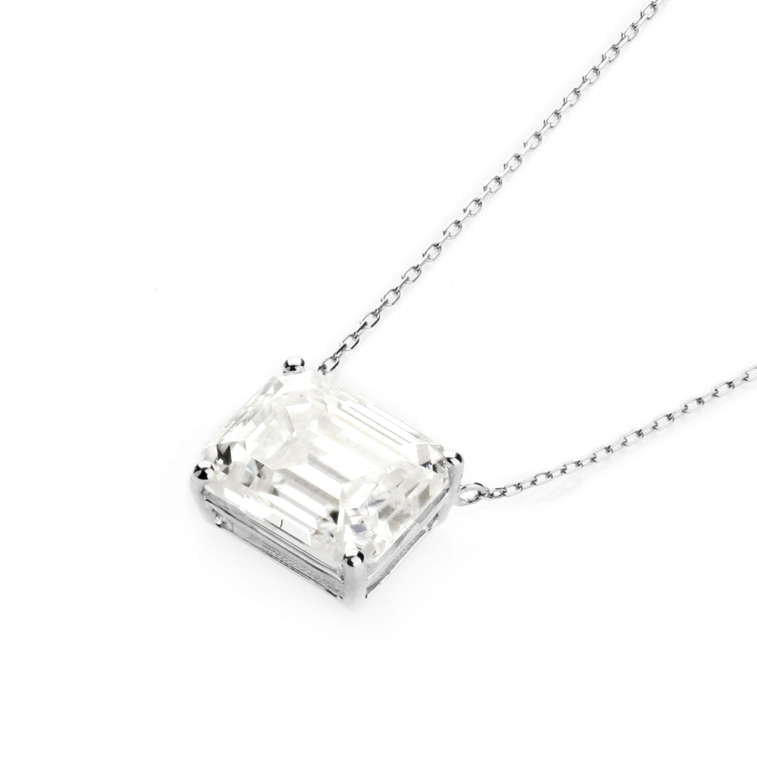 4.00 DEW Emerald Cut White Moissanite Solitaire Necklace in 14K Gold