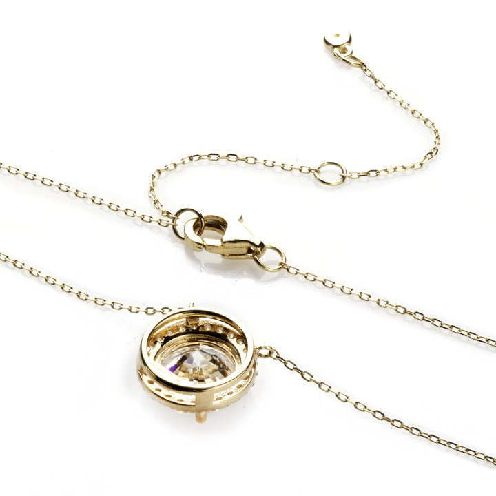 Round Moissanite Halo Necklace in 14K Yellow Gold