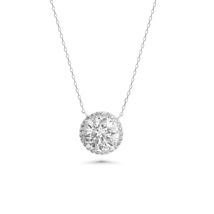 Round Moissanite Halo Necklace in 14K White Gold