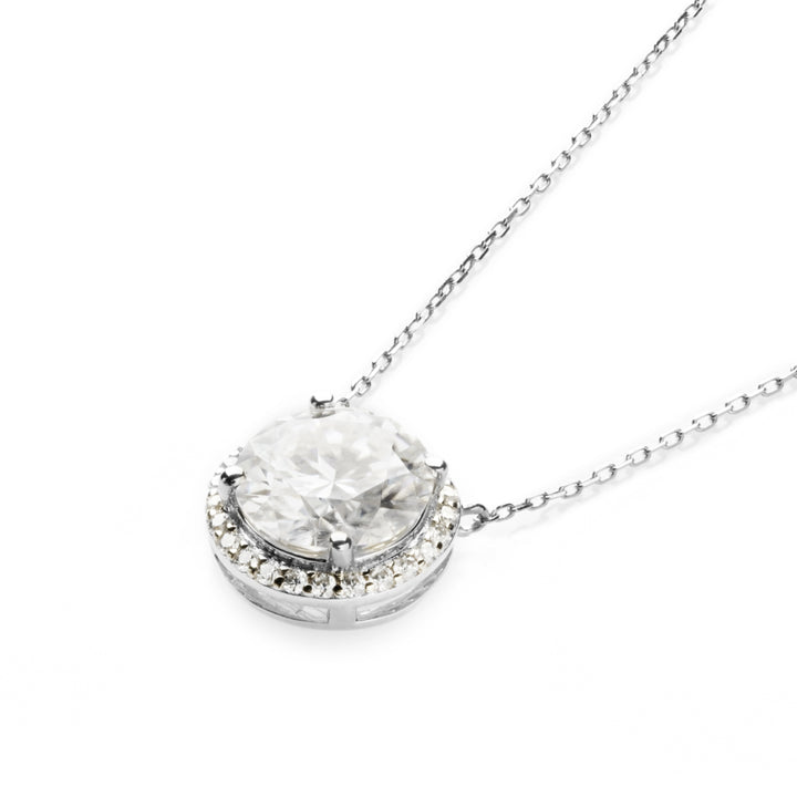 Round Moissanite Halo Necklace in 14K White Gold