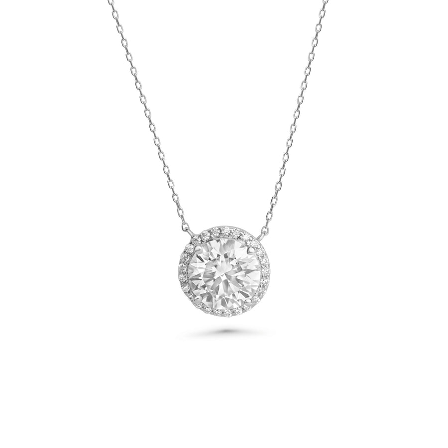 Round Moissanite Halo Necklace in 14K White Gold