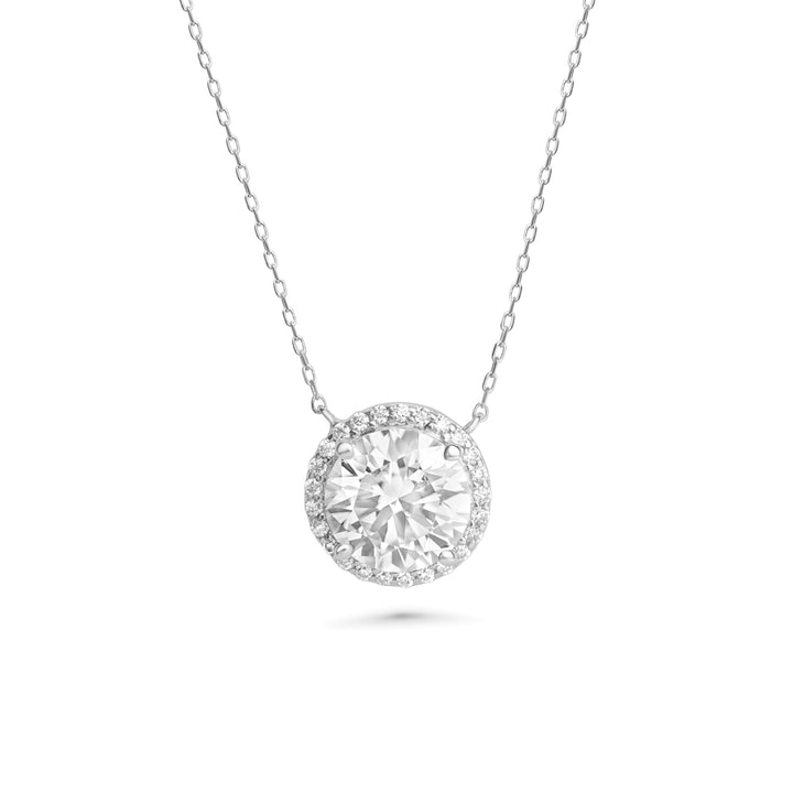 Round Moissanite Halo Necklace in 14K White Gold