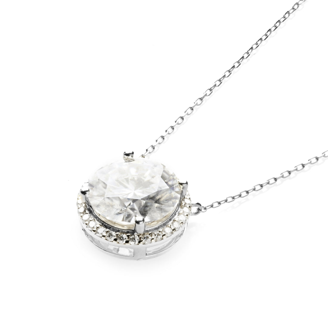 Round Moissanite Halo Necklace in 14K White Gold