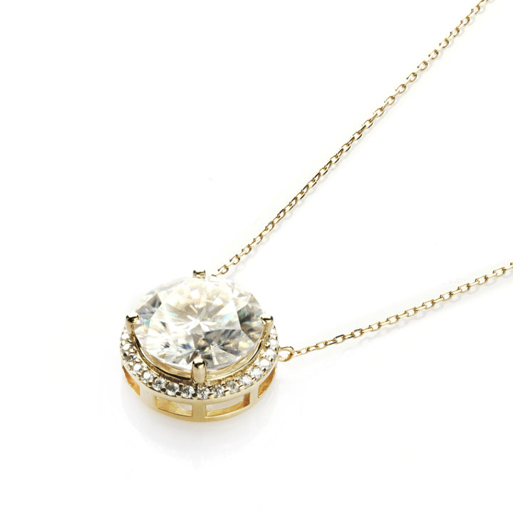 Round Moissanite Halo Necklace in 14K Yellow Gold