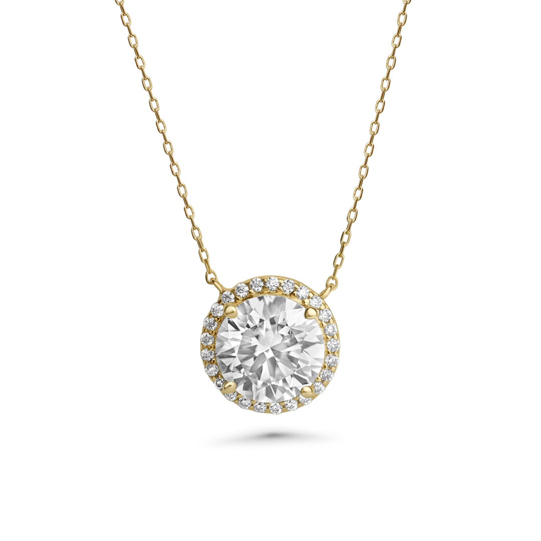 Round Moissanite Halo Necklace in 14K Yellow Gold