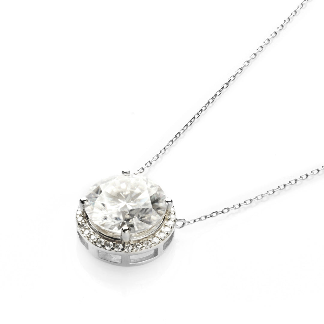 Round Moissanite Halo Necklace in 14K White Gold