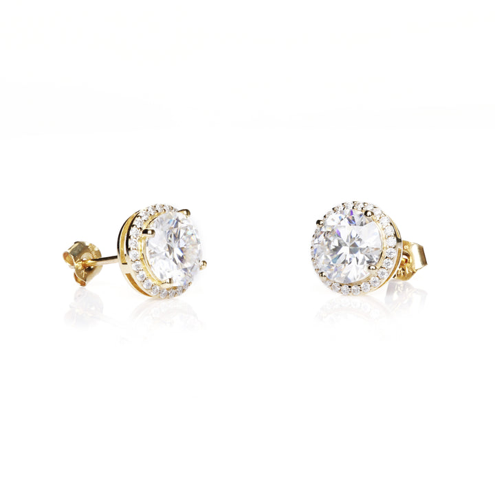 Round White Moissanite Halo Earring in 14K Yellow Gold