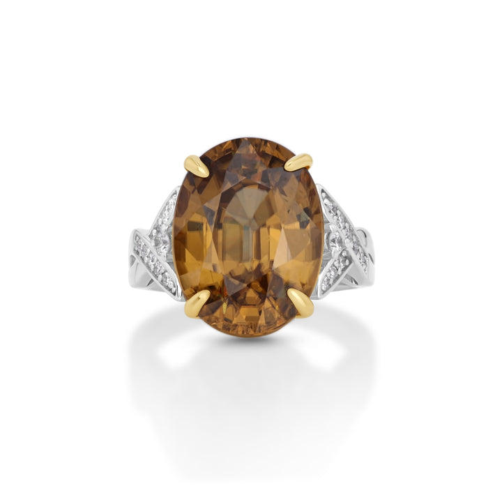 15.3 Cts Yellow Zircon and White Diamond Ring in 14K Two Tone