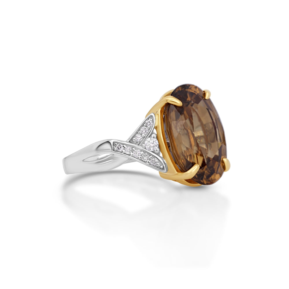 15.3 Cts Yellow Zircon and White Diamond Ring in 14K Two Tone