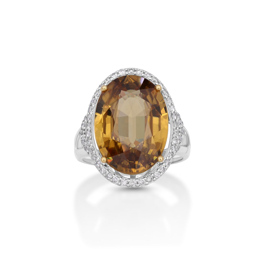 15.35 Cts Yellow Zircon and White Diamond Ring in 14K Two Tone
