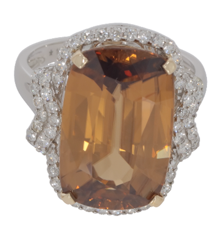 16.4 Cts Yellow Zircon and White Diamond Ring in 14K 2-Tone