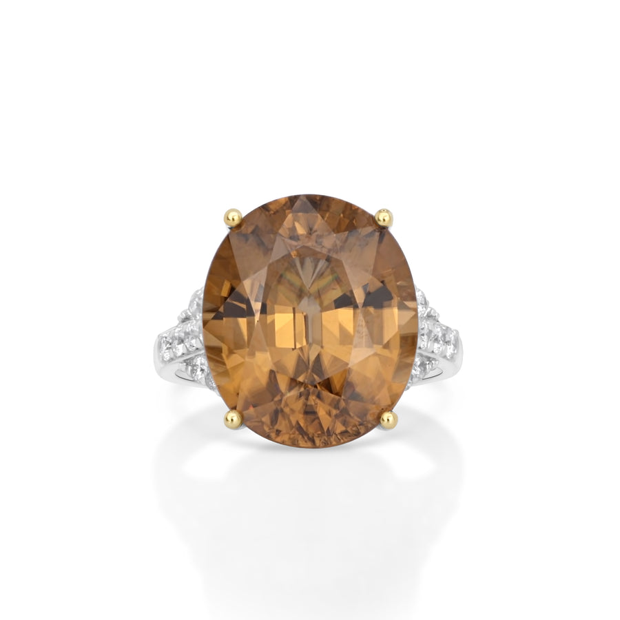 18.3 Cts Yellow Zircon and White Diamond Ring in 14K Two Tone