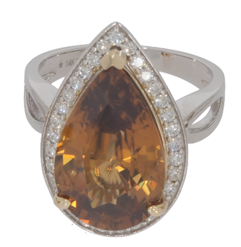 12.50 Cts Yellow Zircon and White Diamond Ring in 14K 2-Tone