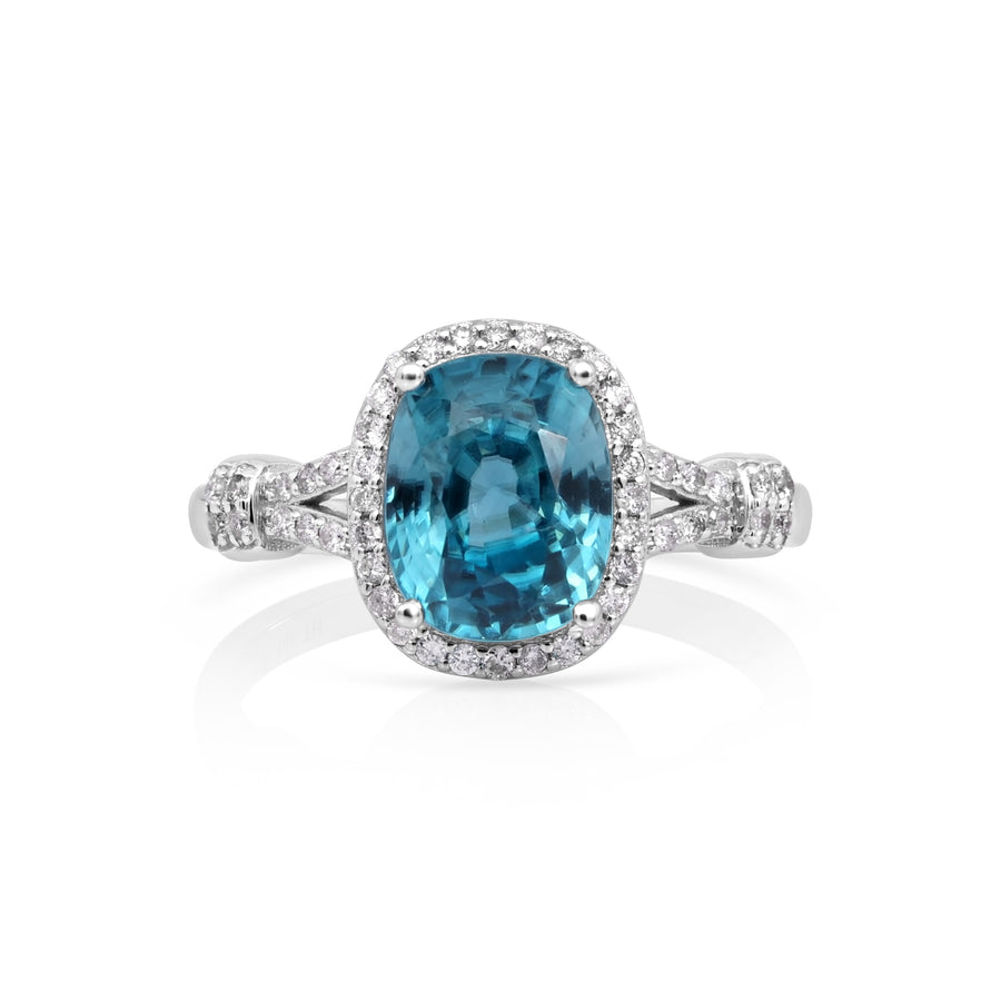4.46 Cts Blue Zircon and White Diamond Ring in 14K White Gold