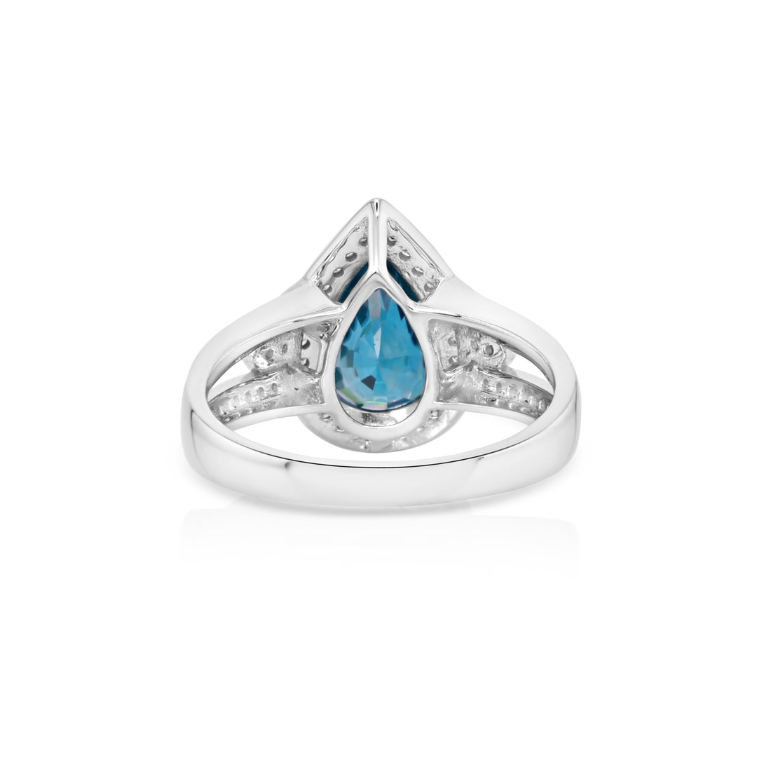 5.8 Cts Blue Zircon and White Diamond Ring in 14K White Gold