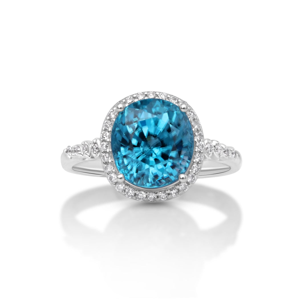 7.11 Cts Blue Zircon and White Diamond Ring in 14K White Gold
