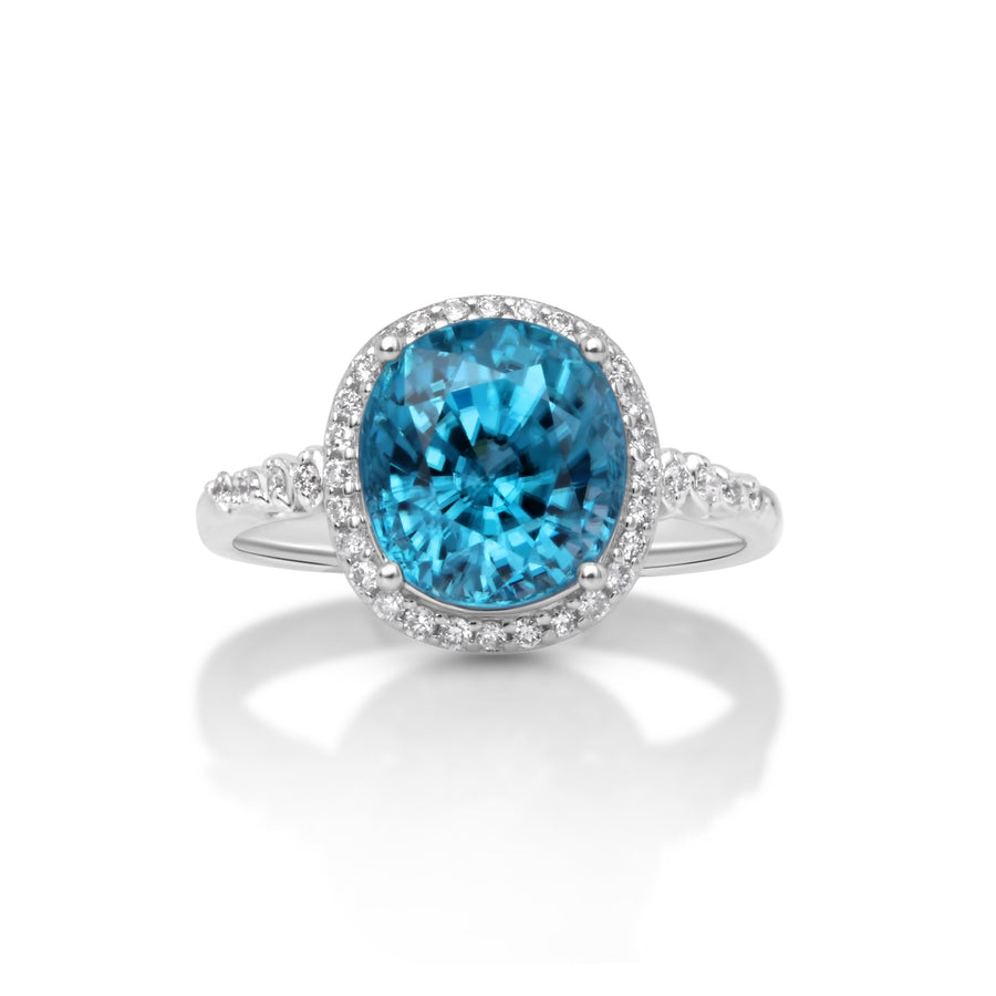 7.11 Cts Blue Zircon and White Diamond Ring in 14K White Gold