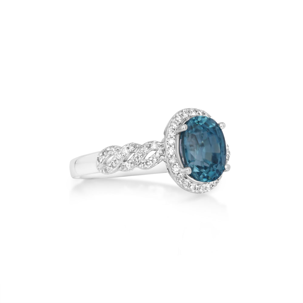 3.39 Cts Blue Zircon and White Diamond Ring in 14K White Gold