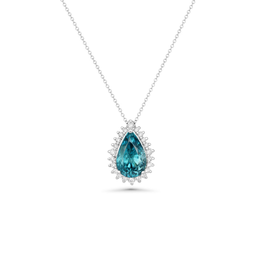 5.47 Cts Blue Zircon and White Diamond Pendant in 14K White Gold