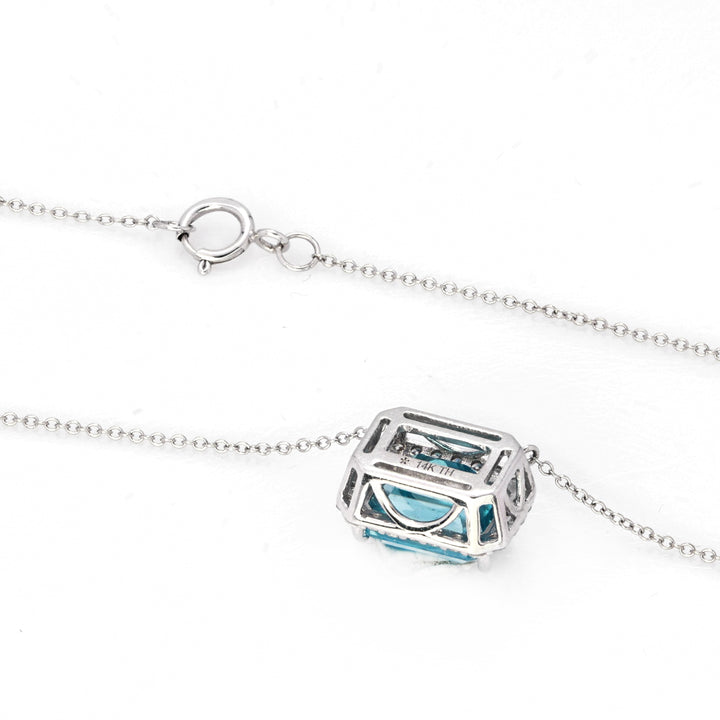 4.33 Cts Blue Zircon and White Diamond Necklace in 14K White Gold