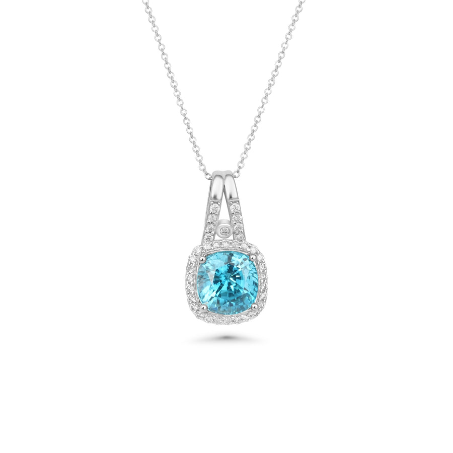 4.63 Cts Blue Zircon and White Diamond Pendant in 14K White Gold