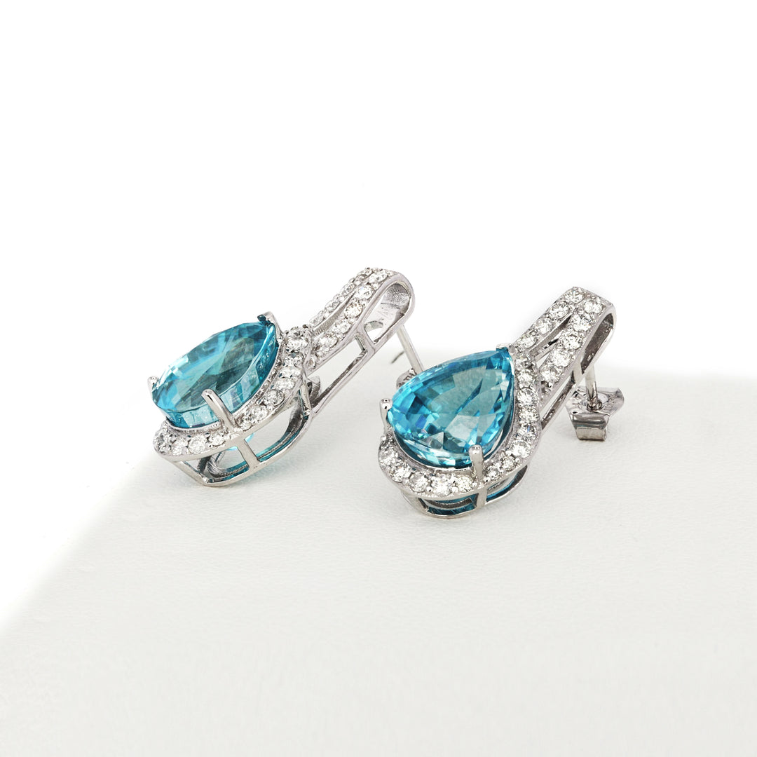 11.57 Cts Blue Zircon and White Diamond Earring in 14K White Gold