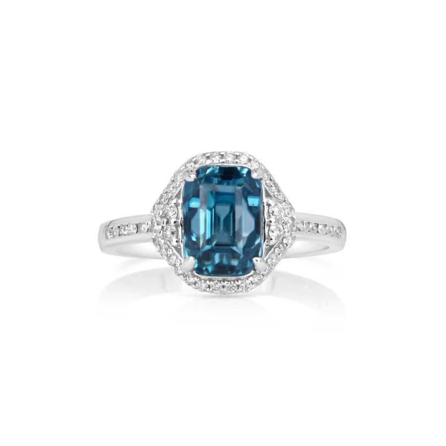 5.63 Cts Blue Zircon and White Diamond Ring in 14K White Gold