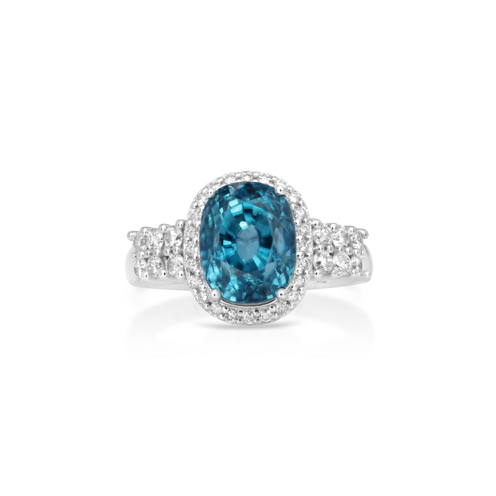 7.57 Cts Blue Zircon and White Diamond Ring in 14K White Gold