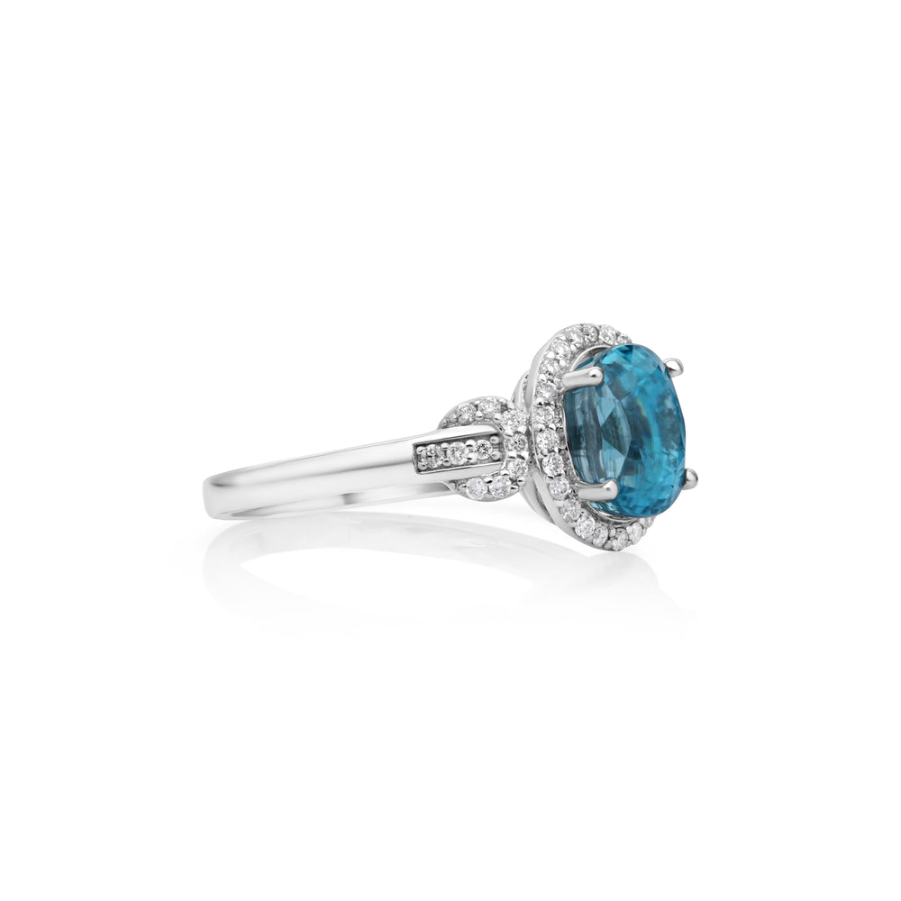 4.11 Cts Blue Zircon and White Diamond Ring in 14K White Gold