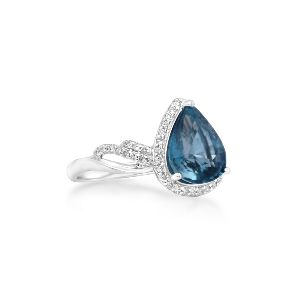 4.24 Cts Blue Zircon and White Diamond Ring in 14K White Gold