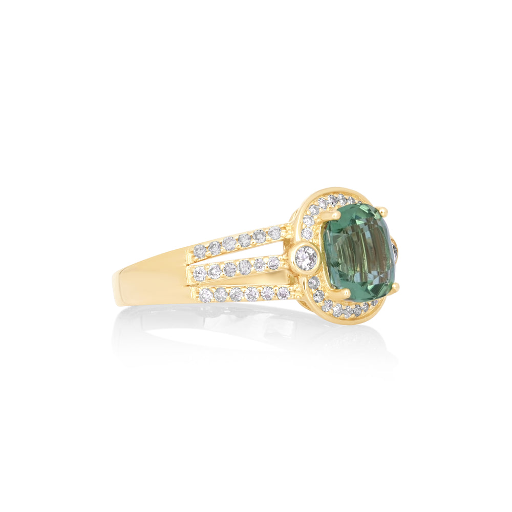 2 Cts Green Tourmaline and White Diamond Ring in 14K Yellow Gold