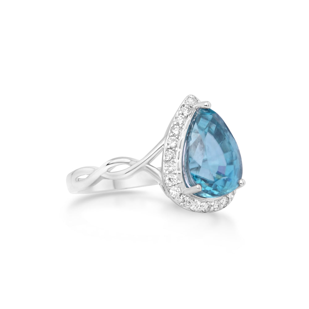 6.81 Cts Blue Zircon and White Diamond Ring in 14K White Gold