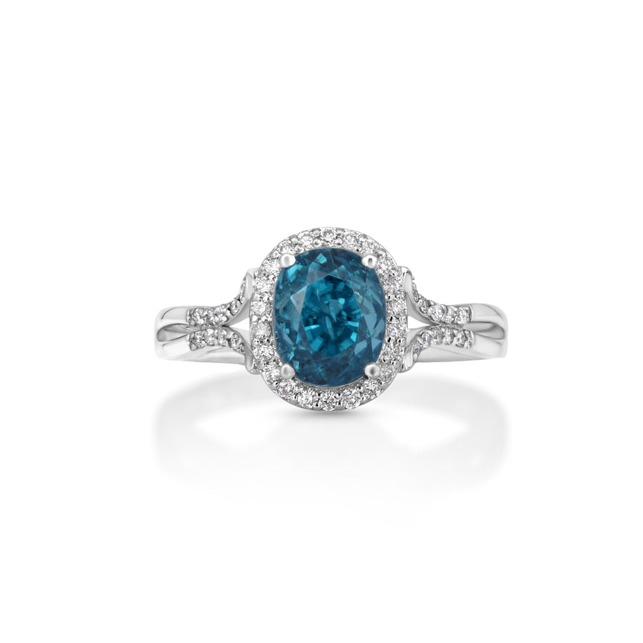 4.18 Cts Blue Zircon and White Diamond Ring in 14K White Gold