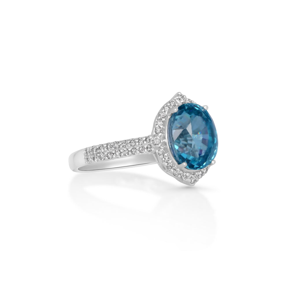 5.62 Cts Blue Zircon and White Diamond Ring in 14K White Gold