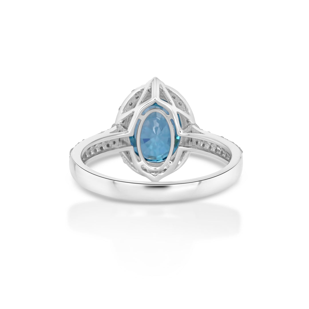 5.62 Cts Blue Zircon and White Diamond Ring in 14K White Gold