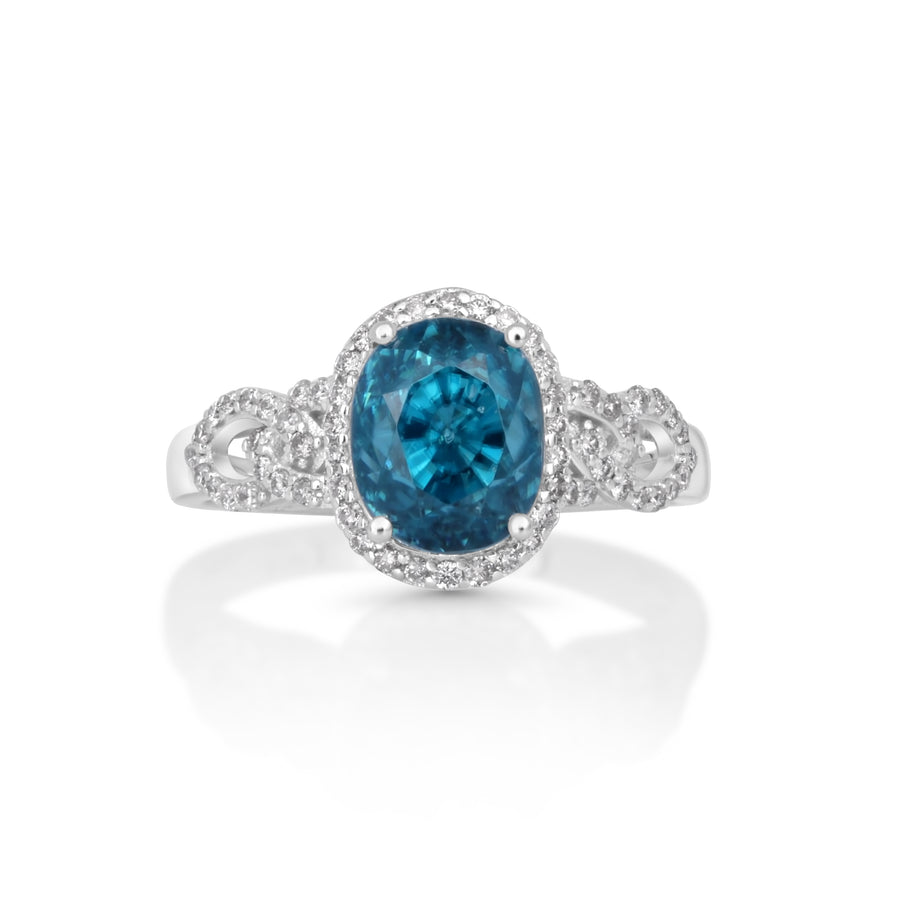 6.4 Cts Blue Zircon and White Diamond Ring in 14K White Gold