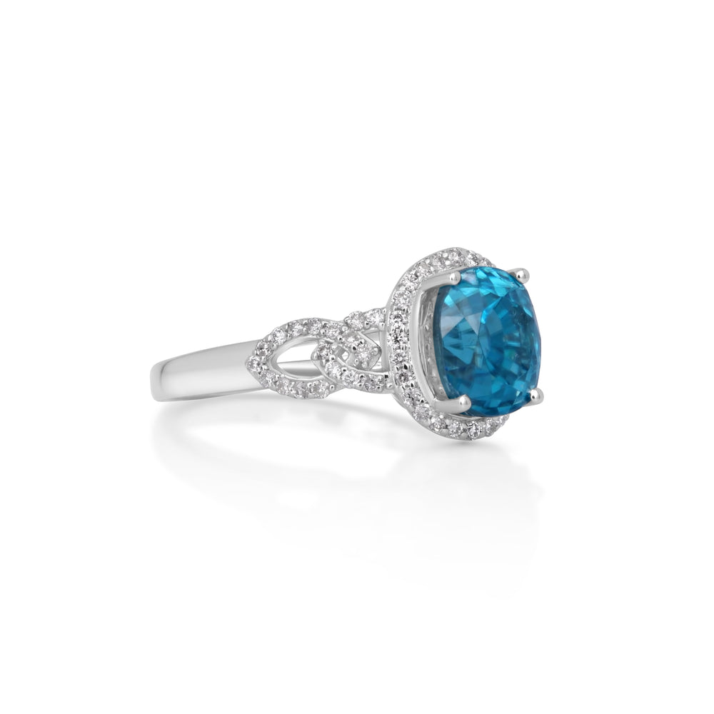 6.4 Cts Blue Zircon and White Diamond Ring in 14K White Gold