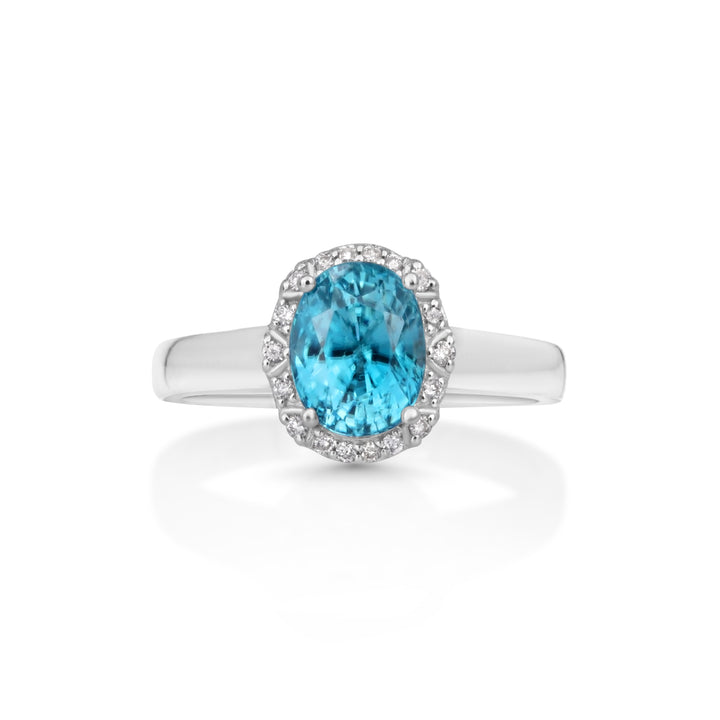 3.74 Cts Blue Zircon and White Diamond Ring in 14K White Gold