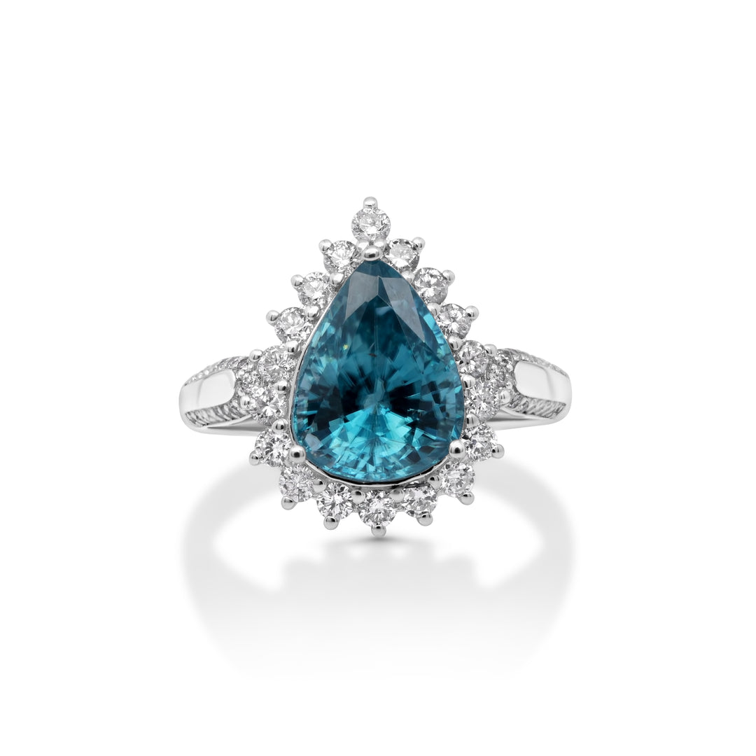 5.88 Cts Blue Zircon and White Diamond Ring in 14K White Gold