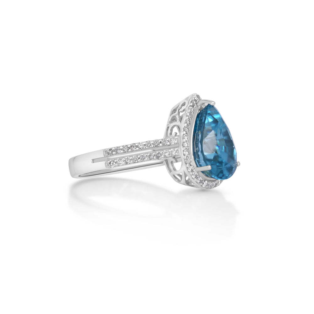 7.99 Cts Blue Zircon and White Diamond Ring in 14K White Gold