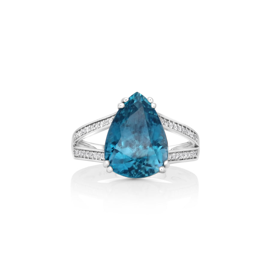 10.43 Cts Blue Zircon and White Diamond Ring in 14K White Gold