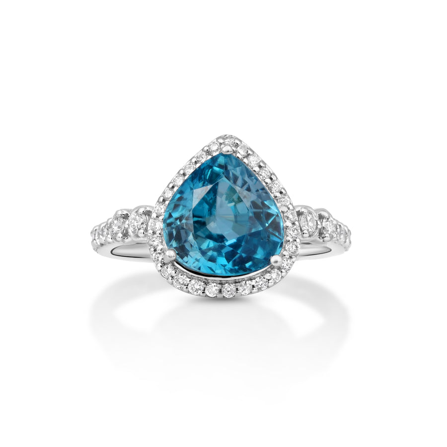 5.21 Cts Blue Zircon and White Diamond Ring in 14K White Gold