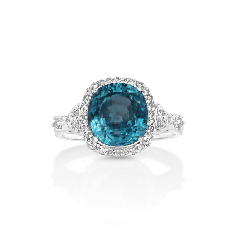 7.1 Cts Blue Zircon and White Diamond Ring in 14K White Gold