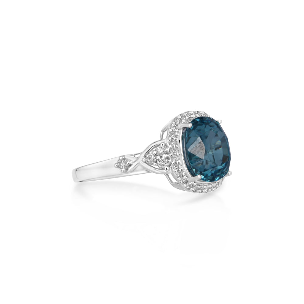 7.1 Cts Blue Zircon and White Diamond Ring in 14K White Gold