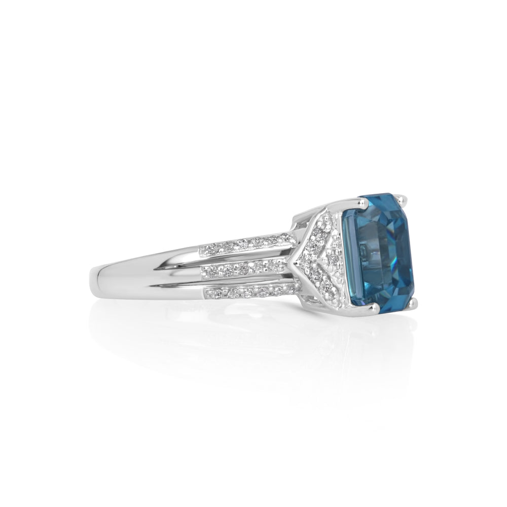 5.4 Cts Blue Zircon and White Diamond Ring in 14K White Gold