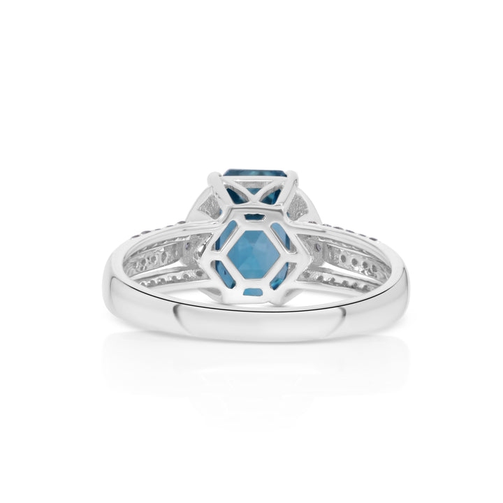 5.4 Cts Blue Zircon and White Diamond Ring in 14K White Gold