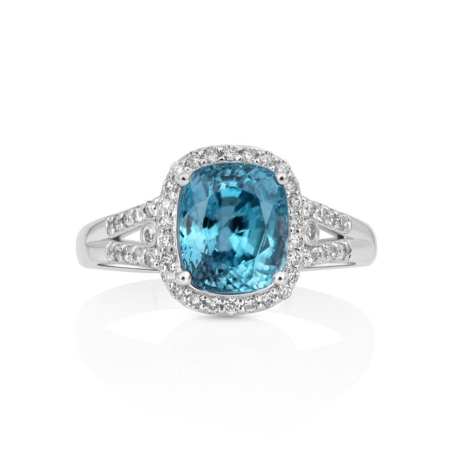 4.73 Cts Blue Zircon and White Diamond Ring in 14K White Gold