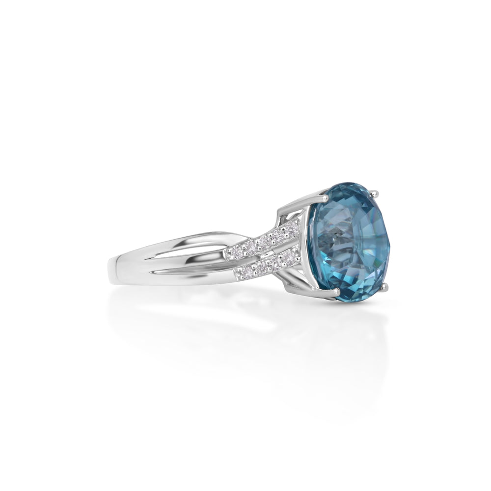 6.49 Cts Blue Zircon and White Diamond Ring in 14K White Gold